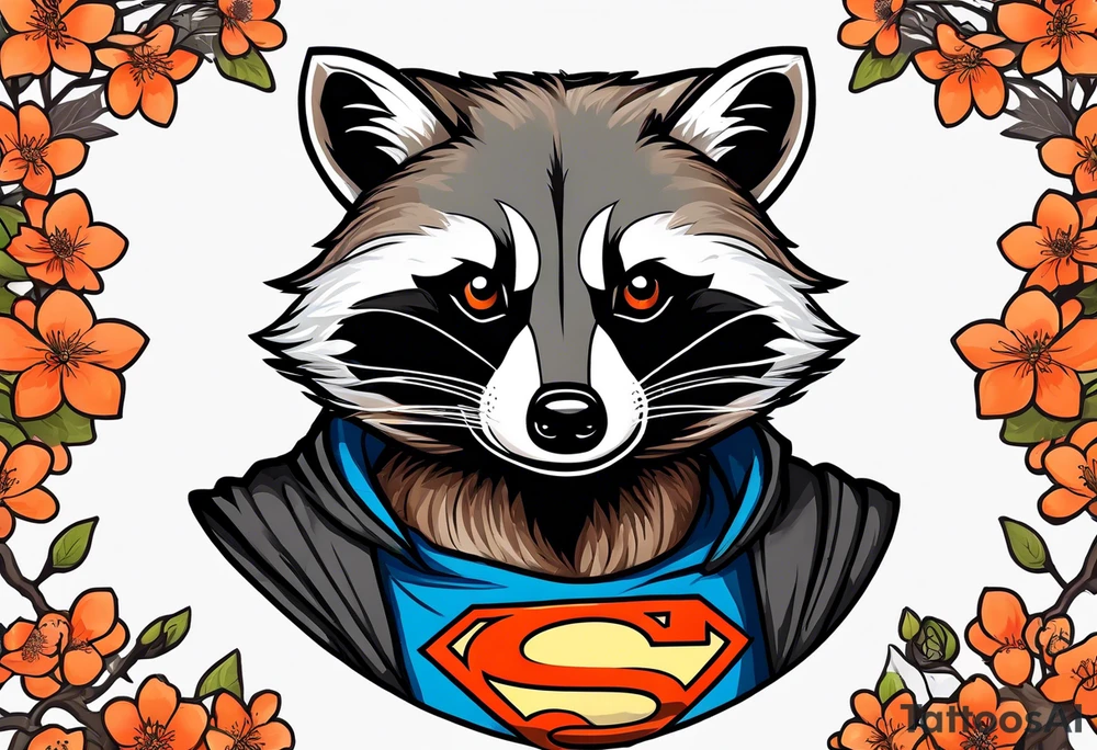 Raccoon wearing a white Superman logo on a black hoodie and orange Japanese cherry blossoms tattoo idea