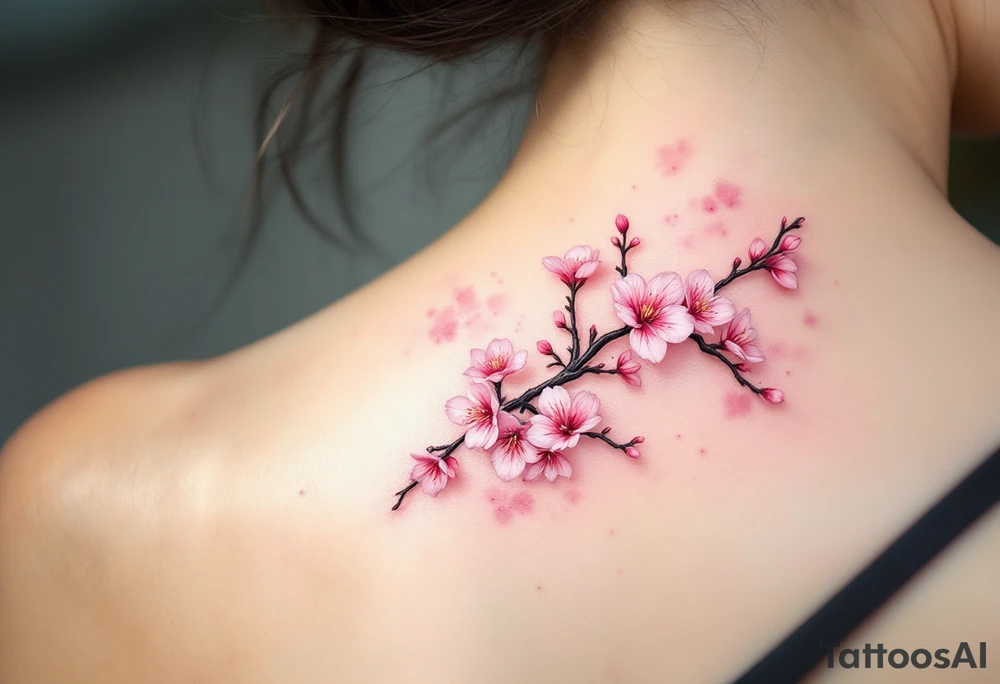 A pink cherry blossom branch gently falling across the skin, symbolizing the fleeting nature of life. tattoo idea