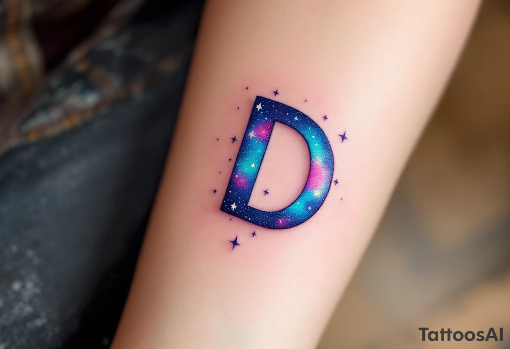 D – A space-themed D filled with deep purples, blues, and scattered white stars, like a slice of a night sky. tattoo idea