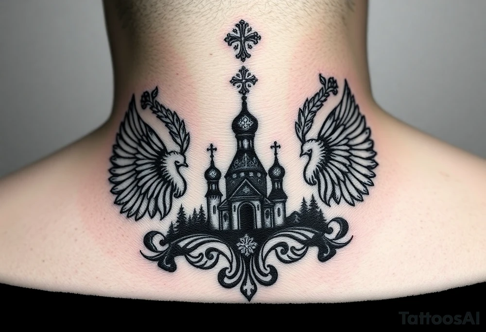 Traditional authentic Russian coat of arms with a Christian orthodox virgin marry in the middle and silhouette in a Russian wilderness Christian orthodoxy dome church village setting tattoo idea