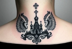 Traditional authentic Russian coat of arms with a Christian orthodox virgin marry in the middle and silhouette in a Russian wilderness Christian orthodoxy dome church village setting tattoo idea
