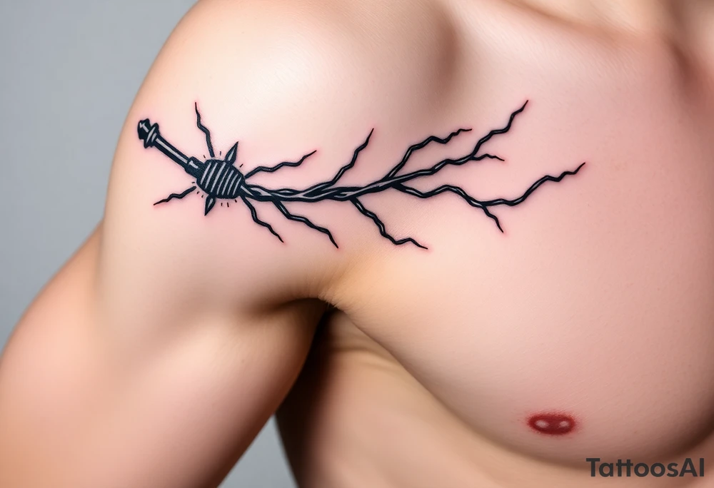 I want a tattoo inspired by the character Izuku midorya from my hero academia. I want his black whip and lighting across my bicep, shoulder and leading slightly to my traps. I want it to be sharp. Not lacking or cringy. Sharp. I don’t want the character or the characters arm. I want the black whip and lighting. tattoo idea