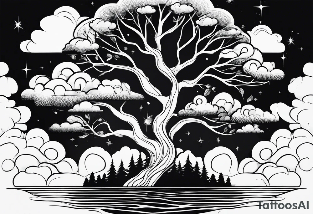 water, clouds, trees tattoo idea