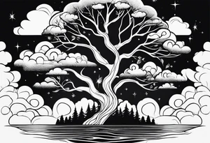 water, clouds, trees tattoo idea