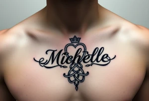 Design a tattoo for a man’s chest of a woman’s name (Michelle). There should be a claddagh and a Celtic knot entertwined. The bane Michelle should be in calligraphy tattoo idea