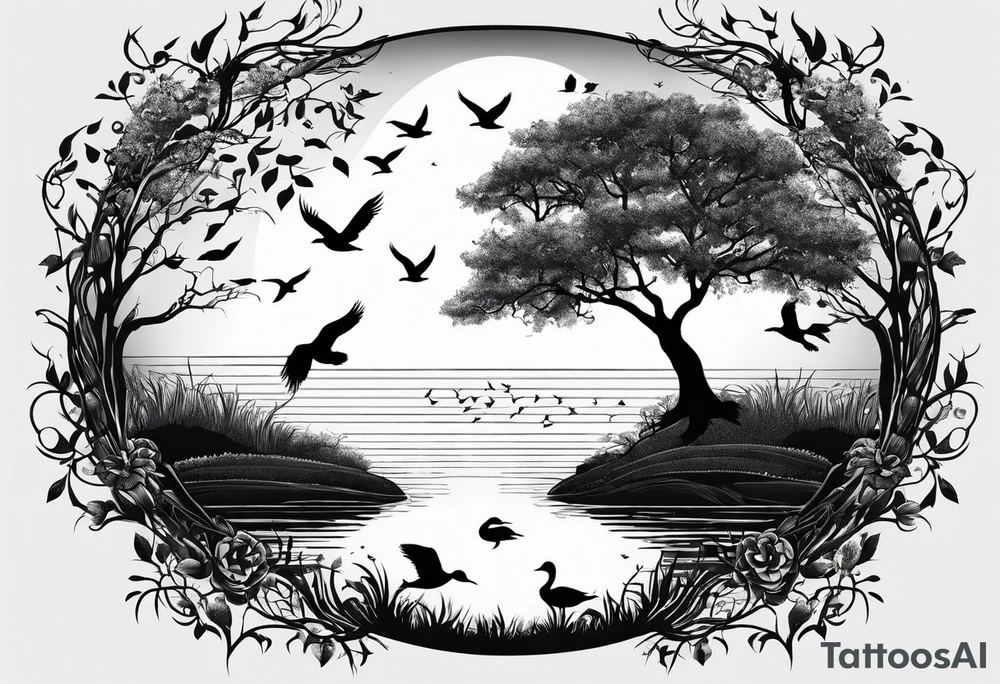 Tree of life in an open circle with birds flying off representing family members. Duck on a pond below tattoo idea