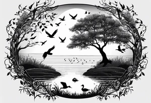 Tree of life in an open circle with birds flying off representing family members. Duck on a pond below tattoo idea