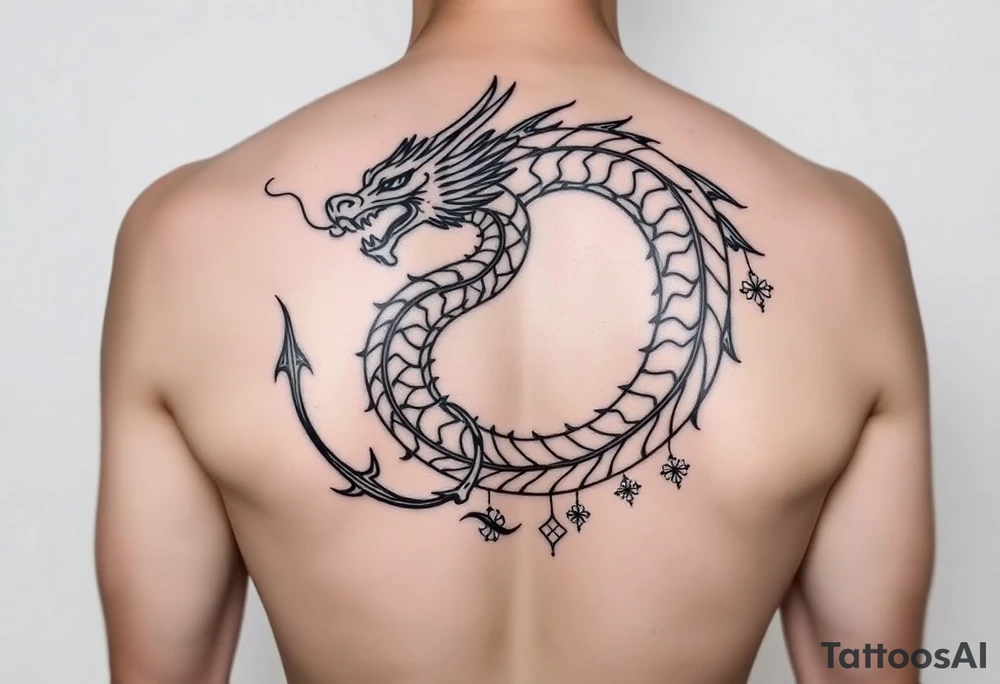 A bold, full-back tribal dragon tattoo in black ink, coiled in an S-shape or spirals across the upper back. The design uses sharp, flowing lines, spines, and flame-like patterns to create an aggressive yet balanced aesthetic. The dragon appears fierce and protective, symbolizing power, transformation, and resilience. incorporating Amazigh (Berber) symbols for strength, freedom, and identity. The design should reflect themes of transformation, grounding, and soul direction, resonating with a journey of inner rebirth and spiritual embodiment. Style: fine linework, sacred geometry, tribal influence, and dotwork. Ink: black or dark brown. tattoo idea