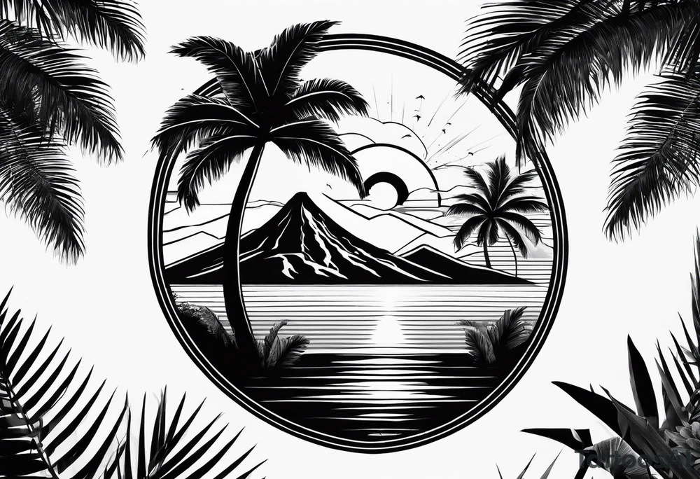 fineline tattoo of a palm tree with a volcano on the back tattoo idea