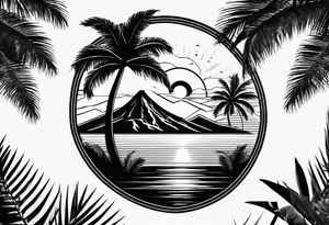 fineline tattoo of a palm tree with a volcano on the back tattoo idea