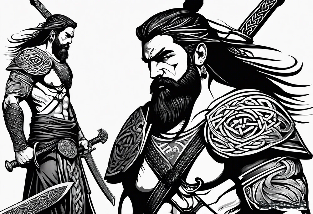 Side full body shot of Celtic warrior with sword and axe. tattoo idea