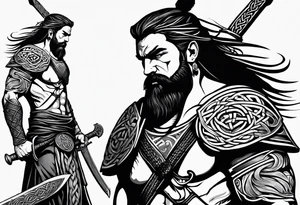 Side full body shot of Celtic warrior with sword and axe. tattoo idea