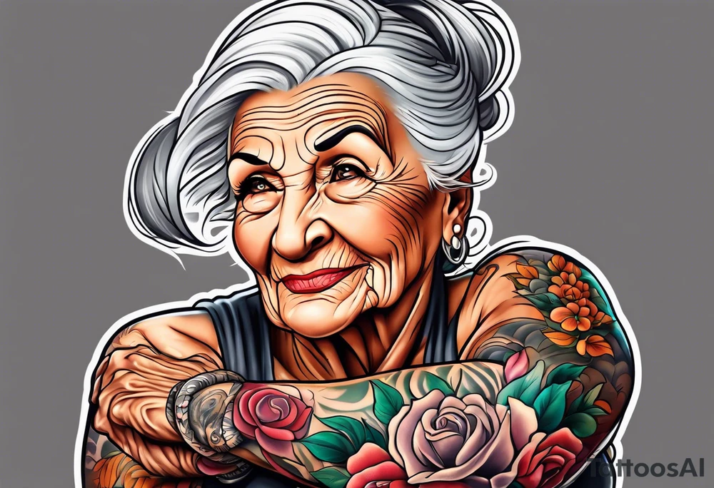Muscular old lady showing off muscles. tattoo idea