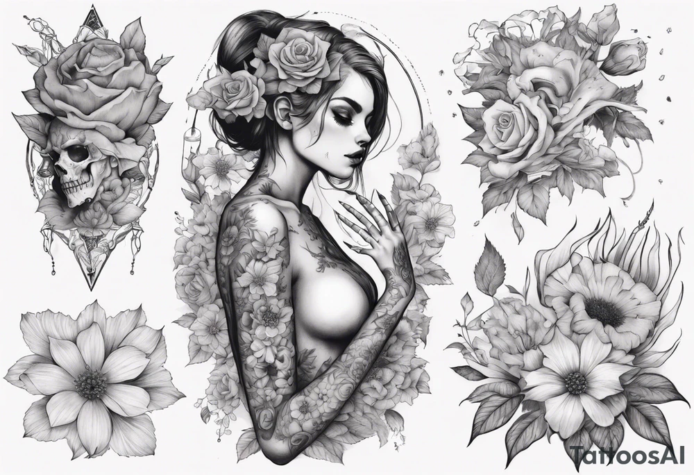 sleeve with many flowers around it and a dark elf girl tattoo idea