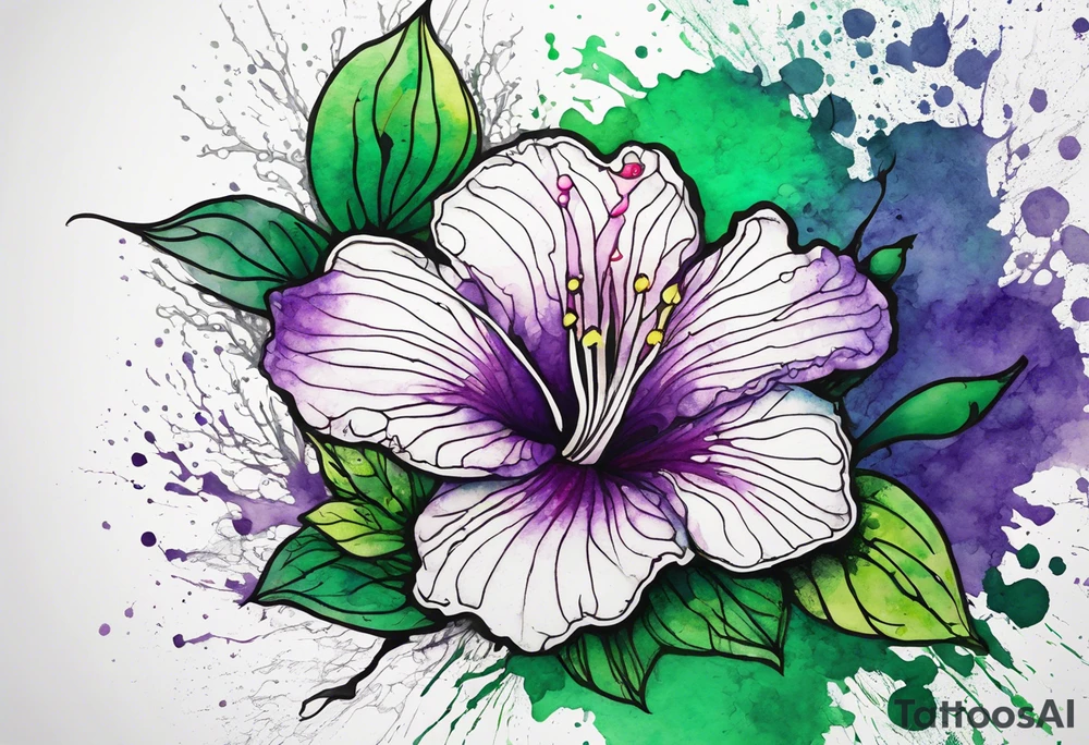 A mystical outline of a rio dipladenia flower and a green/purple watercolor splatter in the background tattoo idea