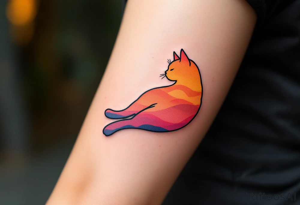 Sunset Cat Silhouette – A lounging cat shape filled with a smooth gradient of orange, coral, and dusky pink like a sunset sky. tattoo idea