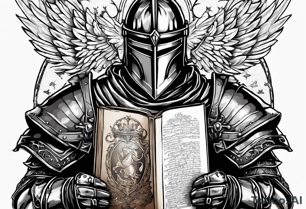 knight holding a bible over his head in combat with both hands tattoo idea