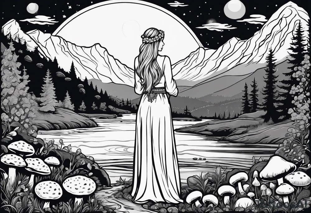 Whole picture encircled fully

Straight long blonde hair celestial girl in distance holding mushrooms in hand facing away toward mountains and creek surrounded by mushrooms long sleeve shirt and hiking pants; whole rendering within a full celtic circle border, no cut off circle tattoo idea