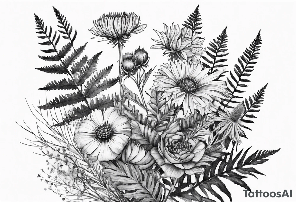 small vertical mixed wildflower bouquet with ferns, thistle and with watercolor tattoo idea