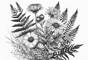 small vertical mixed wildflower bouquet with ferns, thistle and with watercolor tattoo idea