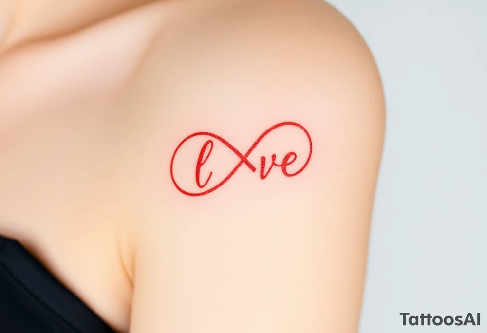 A ribbon-like infinity symbol in soft rose gold, wrapping around the word "love" in a warm, romantic hue tattoo idea