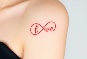 A ribbon-like infinity symbol in soft rose gold, wrapping around the word "love" in a warm, romantic hue tattoo idea