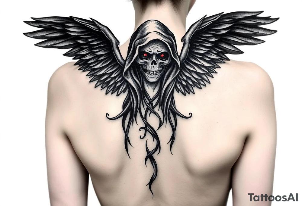 An angel with flowing black wings, standing tall, with a skull face cloaked in shadows, accented with dark red eyes that glow faintly. tattoo idea