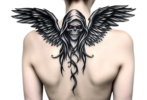 An angel with flowing black wings, standing tall, with a skull face cloaked in shadows, accented with dark red eyes that glow faintly. tattoo idea