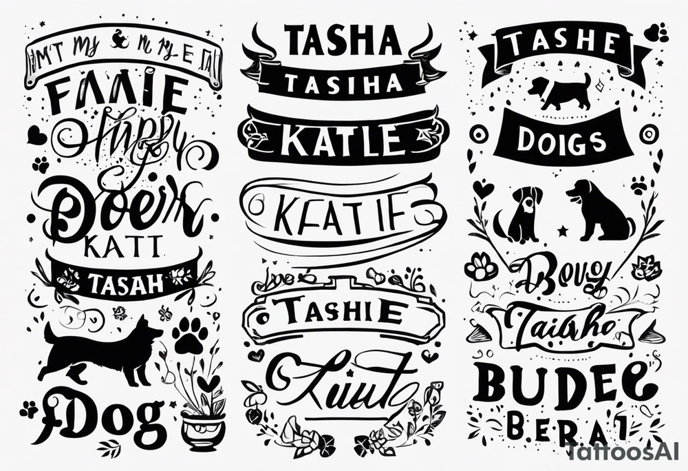 forearm tattoo lettering names of all my dogs "Tasha Katie Kiera Zeke Pixie Bud Bear" tattoo idea