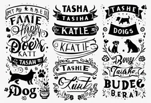 forearm tattoo lettering names of all my dogs "Tasha Katie Kiera Zeke Pixie Bud Bear" tattoo idea