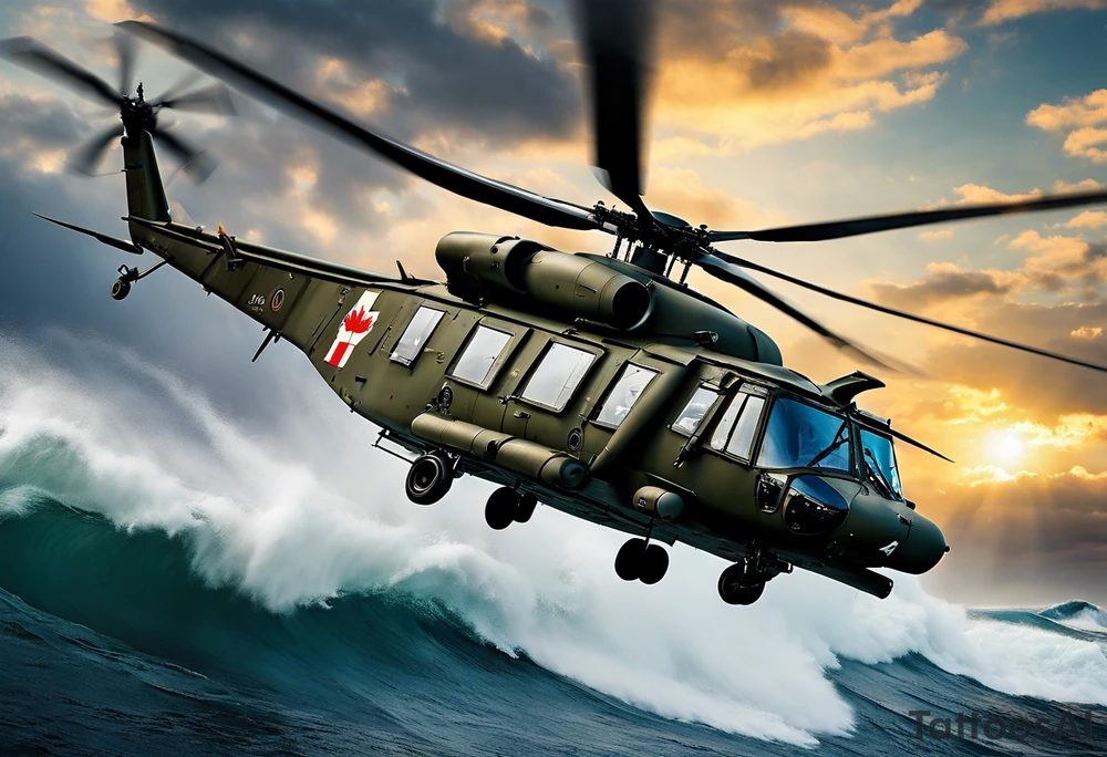 A cinematic-style tattoo depicting a Canadian military CH-148 Cyclone helicopter performing a daring maneuver over a turbulent ocean. The sky should be filled with dramatic clouds, and the sun should be setting, casting long shadows. The helicopter should be the main focus, with intricate details and a sense of motion. In the background, a poppy should be prominently displayed, and a quote from 'Lest We Forget' should be included, black and white tattoo tattoo idea