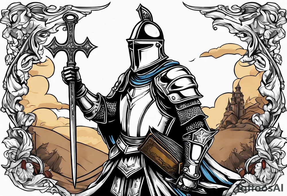 knight holding a bible over his head in combat with both hands tattoo idea