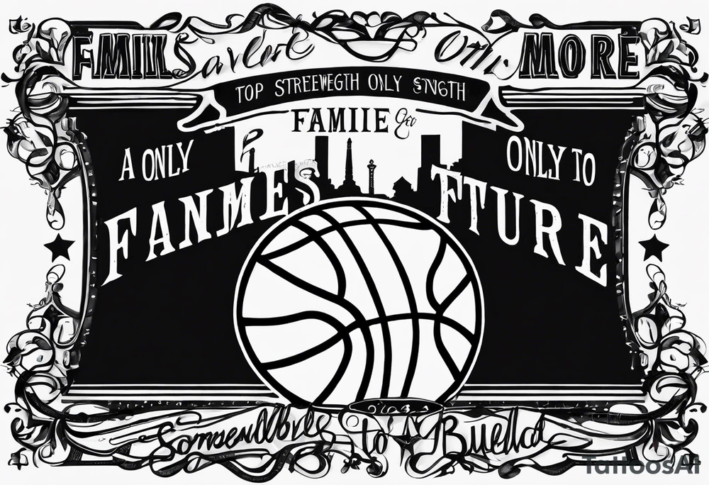 this saying in cursive 
"A families past only builds strength to our future" through or around a basketball with the name Moore Somewhere tattoo idea