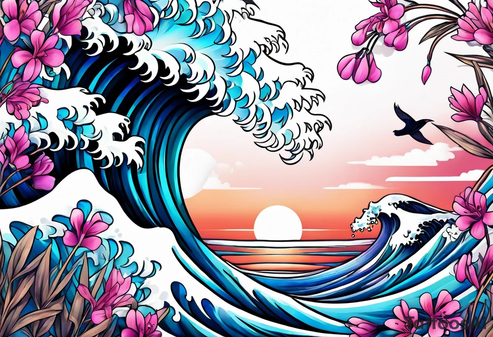 ocean wave with lupin and fireweed tattoo idea