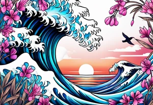 ocean wave with lupin and fireweed tattoo idea