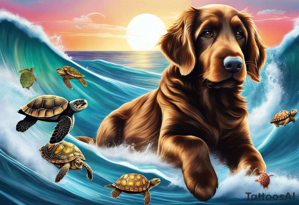 Maine Coon cat walking with golden doodle and 4 turtles hiding in the background tattoo idea