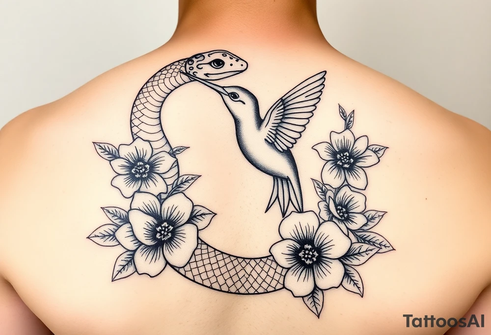 powerful beautiful snake holds hummingbird with flowers tattoo idea