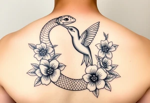 powerful beautiful snake holds hummingbird with flowers tattoo idea