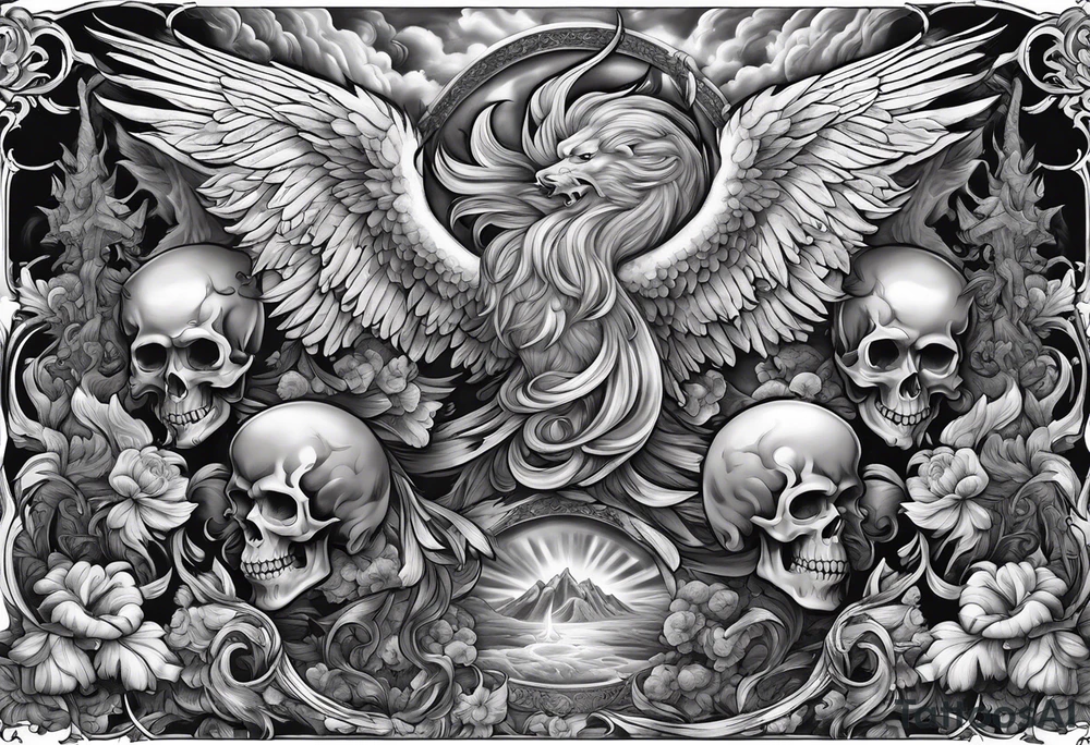 Angels fighting demons over fire with skulls in the background tattoo idea