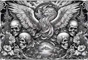 Angels fighting demons over fire with skulls in the background tattoo idea