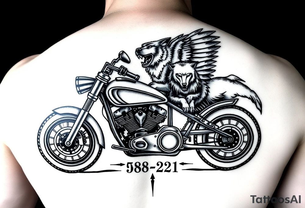 the year 1958 - 2021 with a motorcycle on it with guardian angel wolves tattoo idea