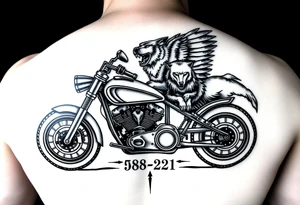the year 1958 - 2021 with a motorcycle on it with guardian angel wolves tattoo idea