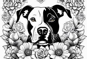 pit bull looking up at you surrounded by flowers tattoo idea