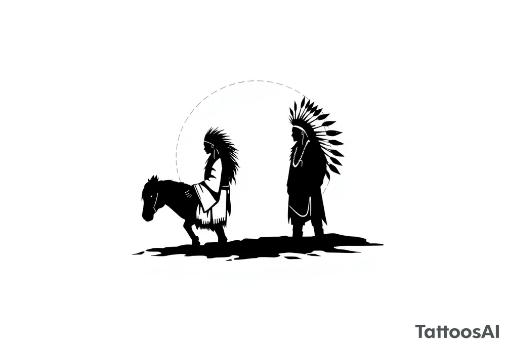 Silhouette of Native American tribe in sunset tattoo idea