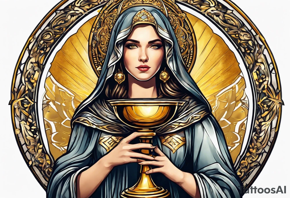 woman saint holding chalice surrounded by golden halo tattoo idea
