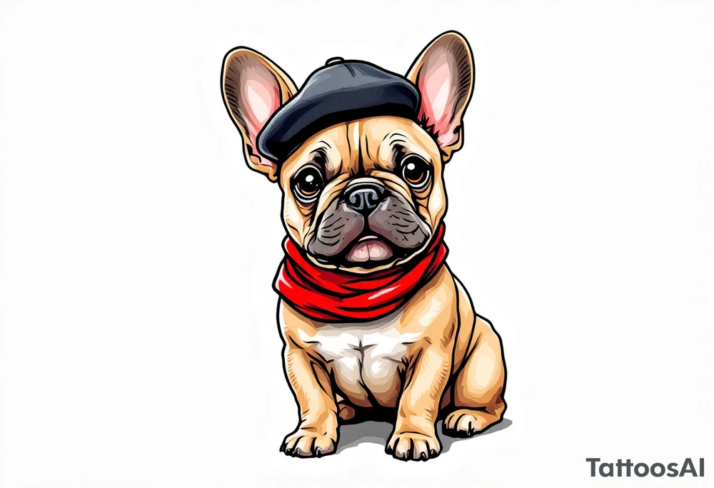 French Bulldog wearing a beret and red scarf, sitting proudly like a Parisian icon, with fawn-colored fur and a cheeky expression. tattoo idea