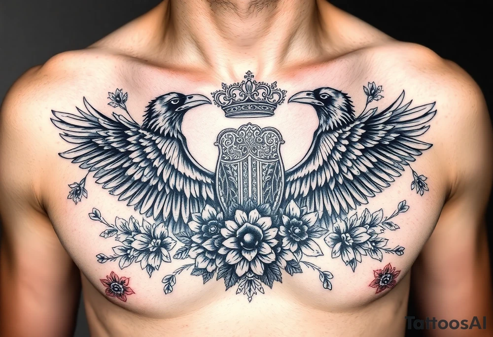 Chest tattoo,powerful majestic ravens with a crown, surrounded by floral ornaments and birds tattoo idea
