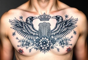 Chest tattoo,powerful majestic ravens with a crown, surrounded by floral ornaments and birds tattoo idea