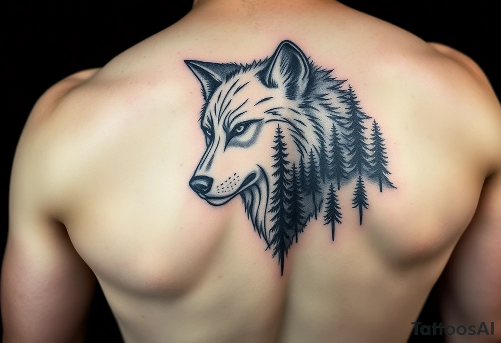 create a right hand sidearm powerful majestic tattoo having wolf and pin trees tattoo idea