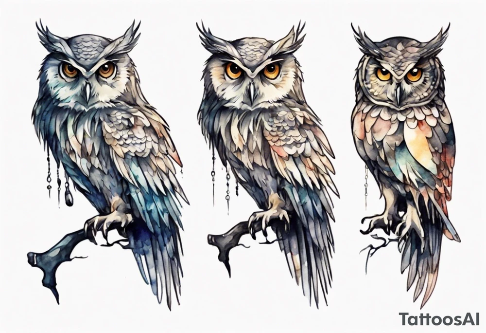 an owl with long legs walking at night tattoo idea